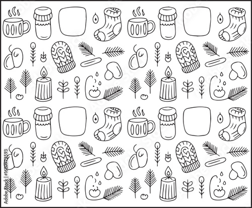Cute winter theme doodle seamless pattern elements decorated vector line art illustration coloring page for kids holiday enjoying