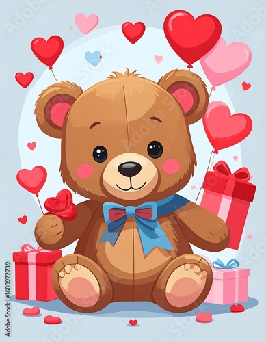A cheerful teddy bear sits amidst valentine's day decorations, holding a heart-shaped gift and surrounded by balloons in the shape of hearts.