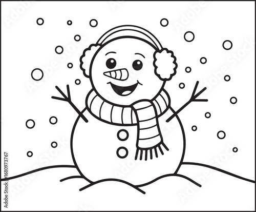 Winter theme coloring page for kids with a snowman with carrot nose standing on soft snow falling decorated background vector line art illustration for holiday enjoying