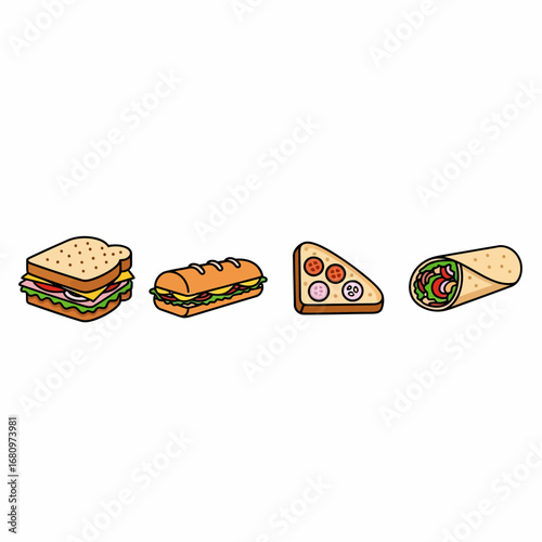 Assortment of delicious sandwiches, sub, pizza slice, and wrap illustration.