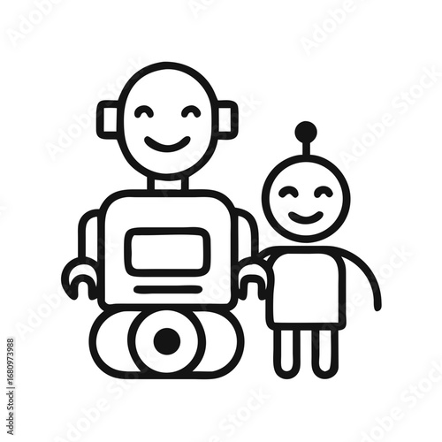 Illustration of two friendly robots, one large and one small, standing together, , representing artificial intelligence and companionship