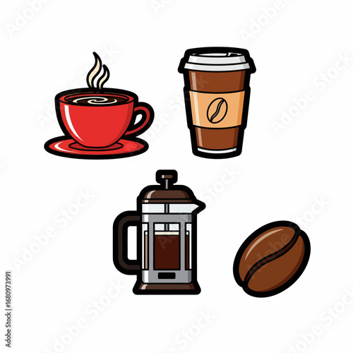 Coffee Illustrations - Cup, To-Go, French Press, and Bean.