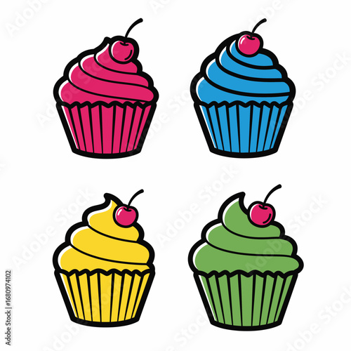 Four Colorful Cupcakes with Cherries.
