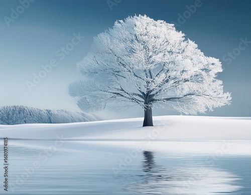 Enchanting winter landscape featuring a snow-covered tree reflected in tranquil water for serene and magical designs