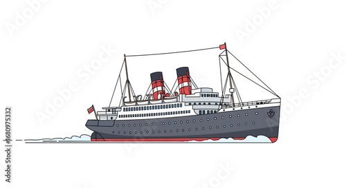An illustration of a classic ocean liner sailing on a bright white canvas
