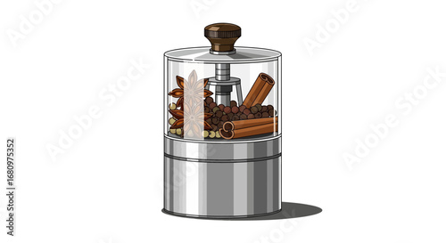 Artistic depiction of spice grinder filled with fragrant culinary spices
