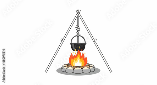 Charming illustration of a cooking pot over a cozy campfire on a tripod