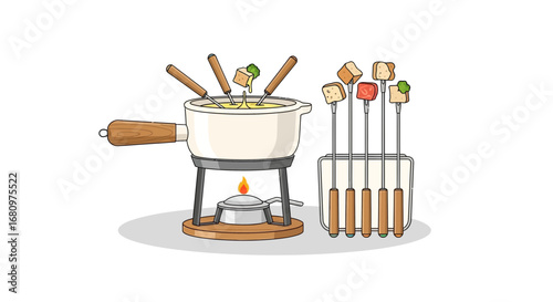 Cheese Fondue Set with Bread and Vegetables Ready to Dip Meal
