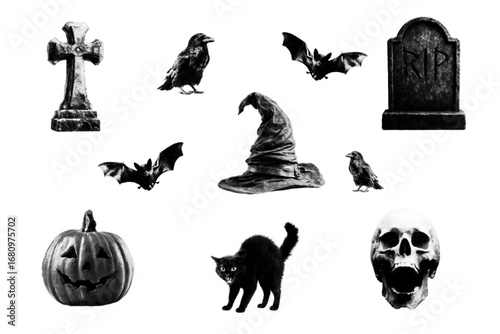 Retro elements of a Halloween collage in halftone style. Vector illustration featuring a pumpkin, a skull, a cat, a gravestone, and a cross.