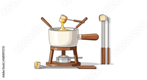 Delightful cheese fondue pot with forks and wooden stand isolated illustration