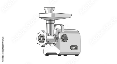 Depiction of a modern electric meat grinder appliance in shades of gray