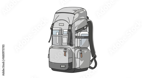 Detailed gray camping backpack with multiple compartments and accessories