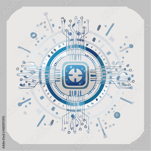 Symmetrical cybernetic circular design featuring a high-tech processor and intricate electronic pathways