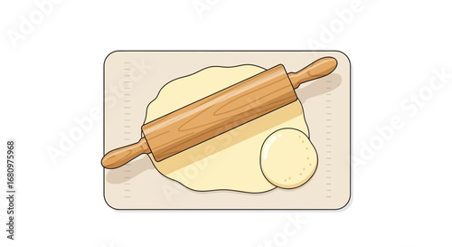 Dough rolling preparation on wooden board, illustration of bakery process