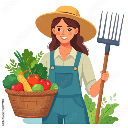 Female farmer flat design illustration with vegetables