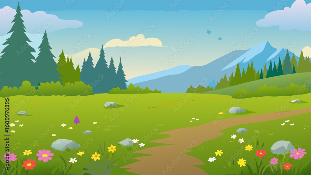Fototapeta premium a serene landscape with mountains trees flowers and a winding path
