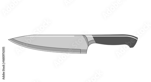 Illustration of a chef's knife with a gray blade and black handle design