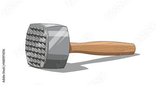 Illustration of a meat tenderizer tool with wooden handle and spikes
