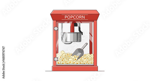 Illustration of a vintage popcorn machine full of freshly made snack