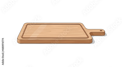 Illustration of a wooden cutting board with handle and grooved perimeter