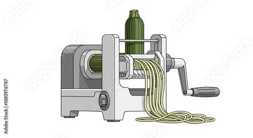 Illustration of a Zucchini Being Spiralized into Noodles on White Background