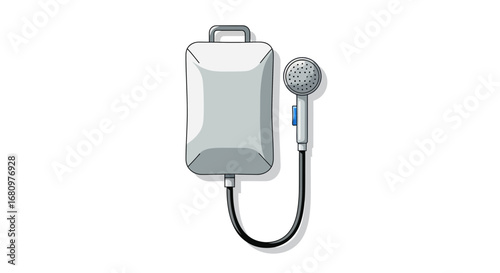 Illustrative portable camping shower set against clean white background