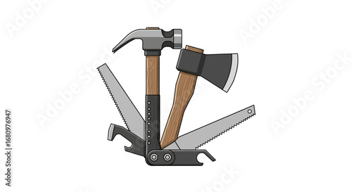 Illustrative multi tool with hammer, axe and saw for creative projects