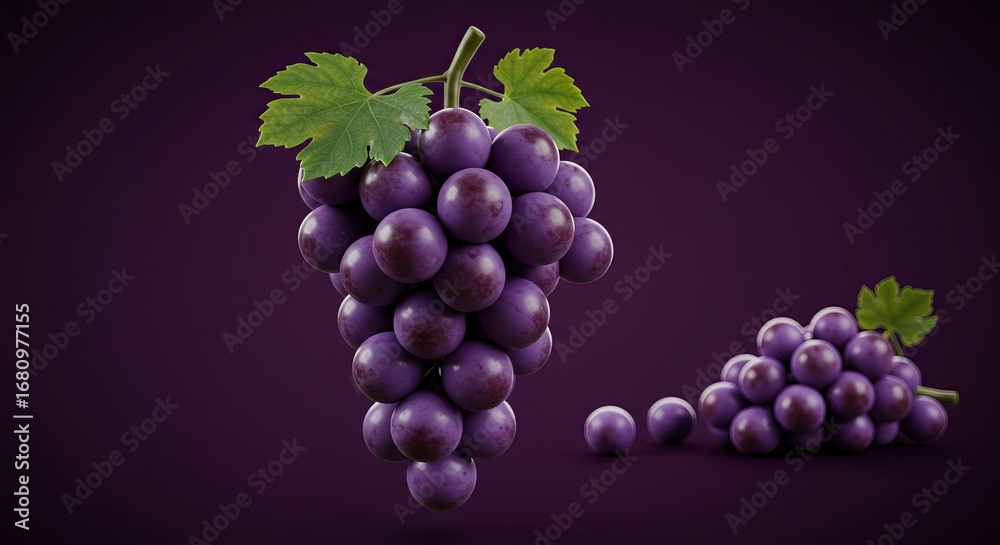 Fototapeta premium Fresh Purple Grapes with Leaves on Dark Background for Healthy Snacks