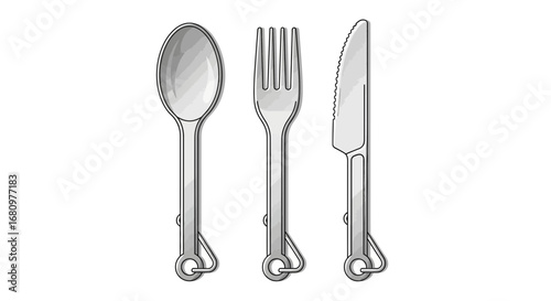 Isolated Silver Cutlery Set with Unique Ring Feature, Utensils on White