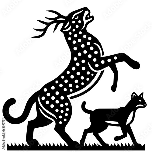 Stylized heraldic depiction of a spotted beast with antlers rearing up next to a smaller quadruped