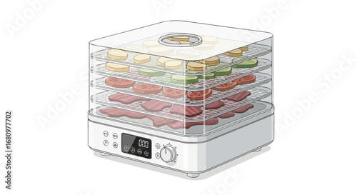 Modern food dehydrator appliance with various fruits and meat inside trays