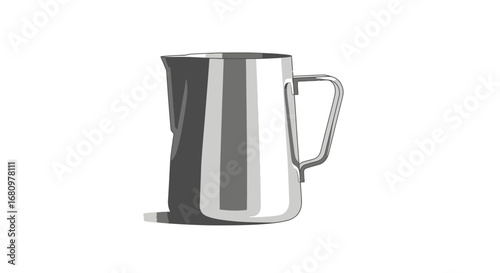 Modern stainless steel pitcher for serving beverages on white backdrop