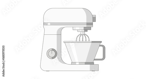 Monochrome illustration of a kitchen stand mixer, for mixing ingredients