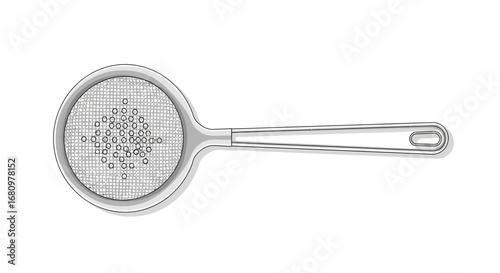 Monochrome illustration of a mesh strainer for kitchen use, isolated