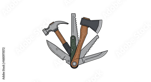 Multi-Tool Equipment for camping, repair, handyman illustration on isolated background
