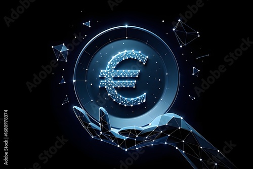 Digital euro currency symbol held by a low poly hand against a dark background with connections