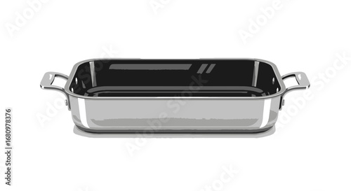 Shiny metal roasting pan with handles isolated on a white backdrop