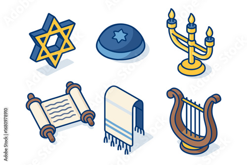 judaism symbols isometric icons – star of david, kippah, menorah, torah scroll, tallit, lyre