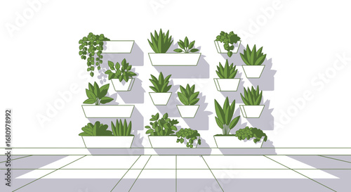 Vertical indoor garden with assorted potted plants on a tiled wall concept