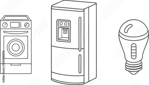 Adobe Illustrator Artwork A vector line art illustration of household appliances including a washing machine, refrigerator, and light bulb