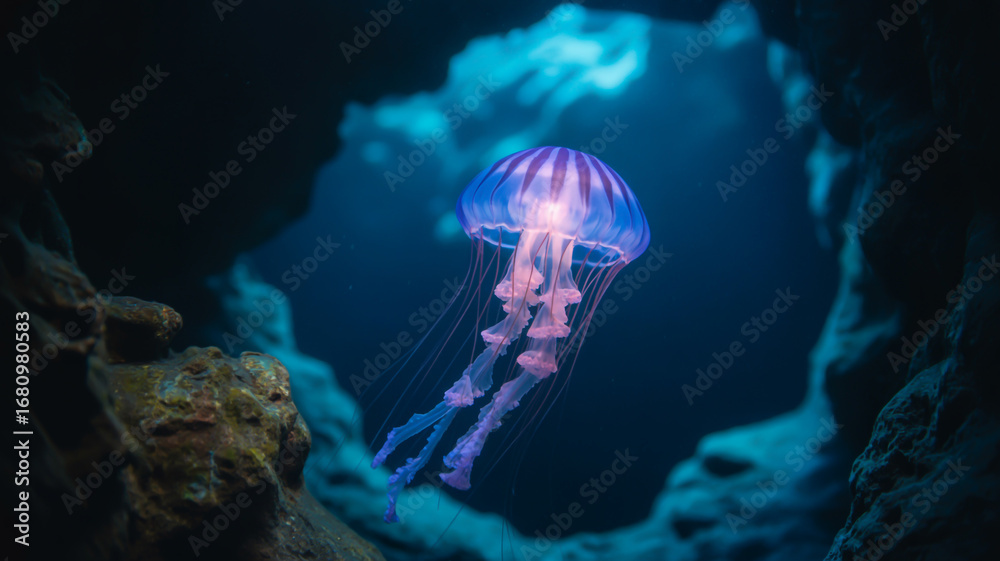 Fototapeta premium A mesmerizing jellyfish gracefully dances in the deep blue sea, its translucent body illuminated by an ethereal glow, creating a captivating spectacle