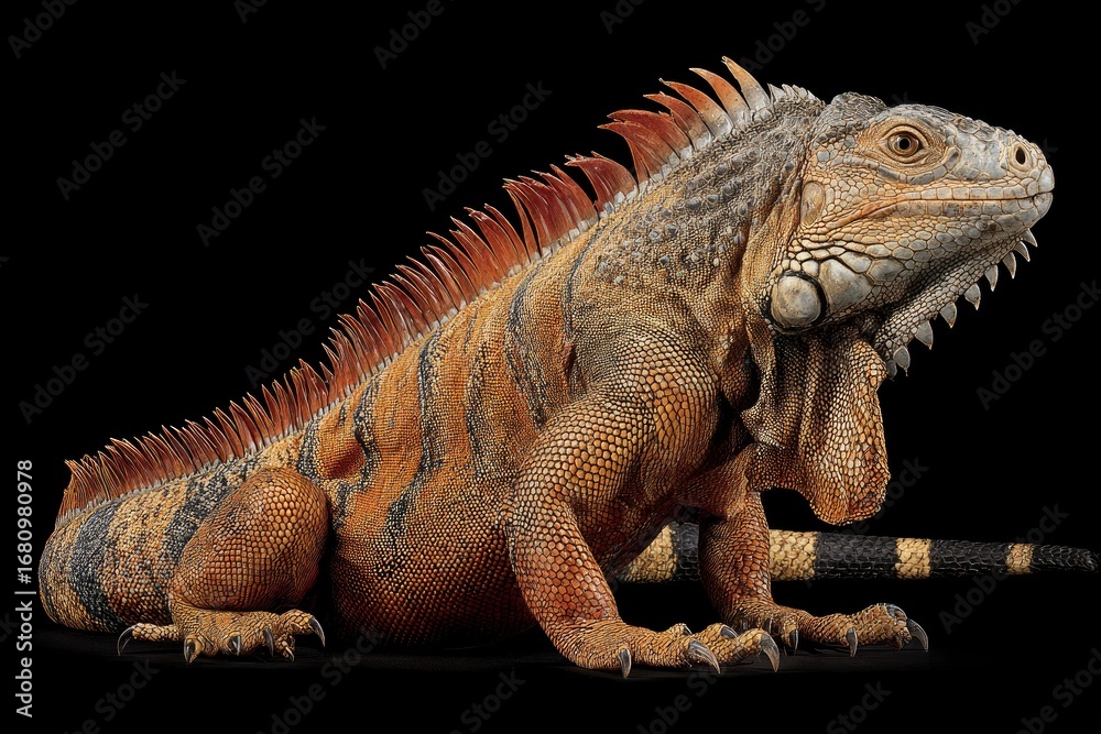 Fototapeta premium An iguana detailed textured scales and vibrant orange color sits in profile against a dark background