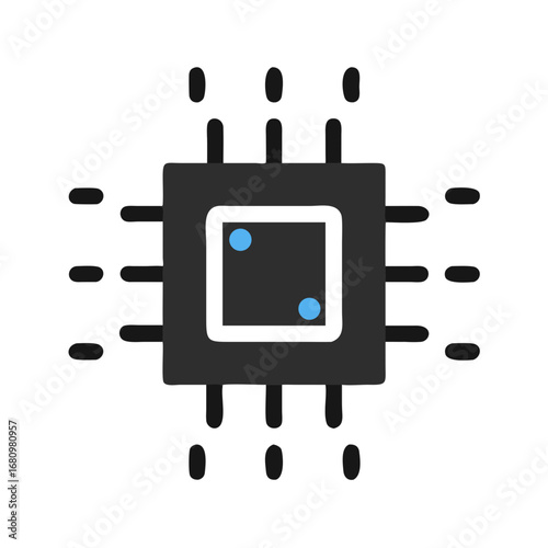 Illustration of a black computer chip with blue dots, representing technology, processing power, and digital innovation