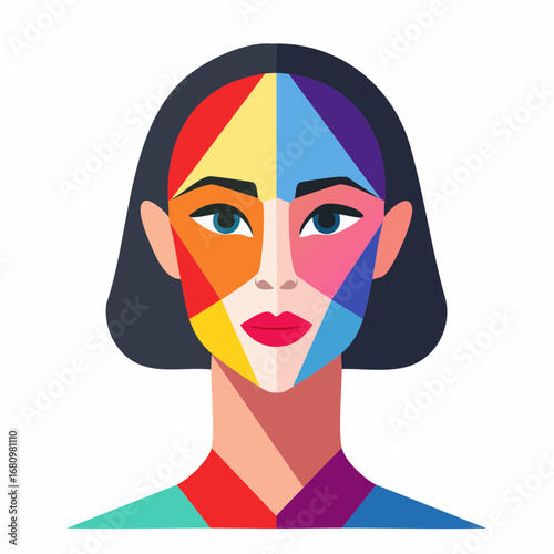 Colorful geometric portrait of a woman's face representing modern abstract art and diverse personality