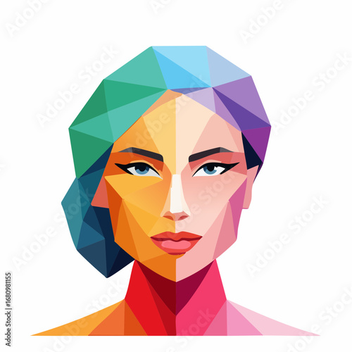 A futuristic concept of beauty and identity shown through a vibrant, low-poly portrait of a woman's face made of colorful geometric shapes