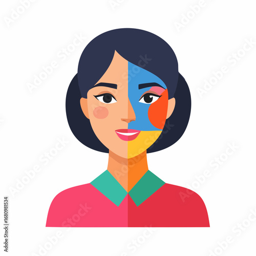 Artistic concept of a woman's face representing a split personality, contrasting a calm expression with a colorful abstract creative side