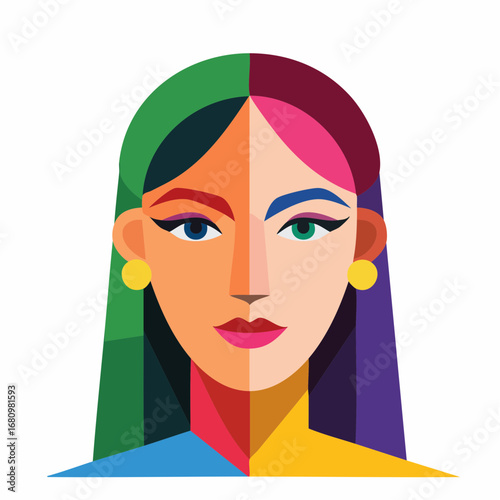 Vibrant geometric portrait of a woman representing the multiple facets of modern identity and personality