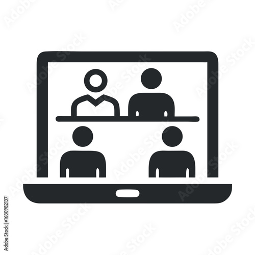 Illustration of a video conference on a laptop, depicting a virtual meeting with four participants