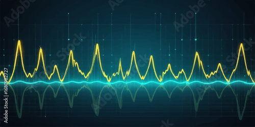 Abstract health technology background of a blue heartbeat pulse on a green and black medical monitor graph