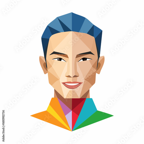 Modern abstract illustration of a handsome young man's face created with a vibrant and colorful polygonal design on a white background
